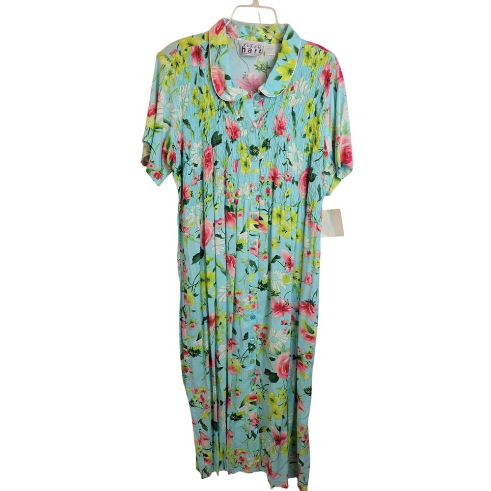 NWT Keren Hart Maxi Shirt Dress Womens XL Blue Floral Smocked Shell Button Front